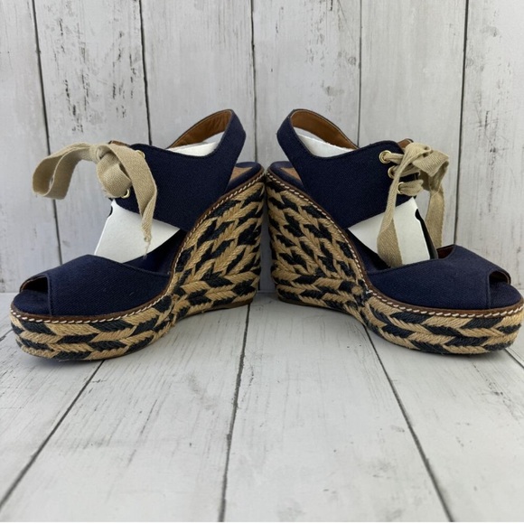 Tory Burch Navy Blue Linley High Open Toe Tie Front Espadrille Wedge Size 5 - Picture 5 of 12